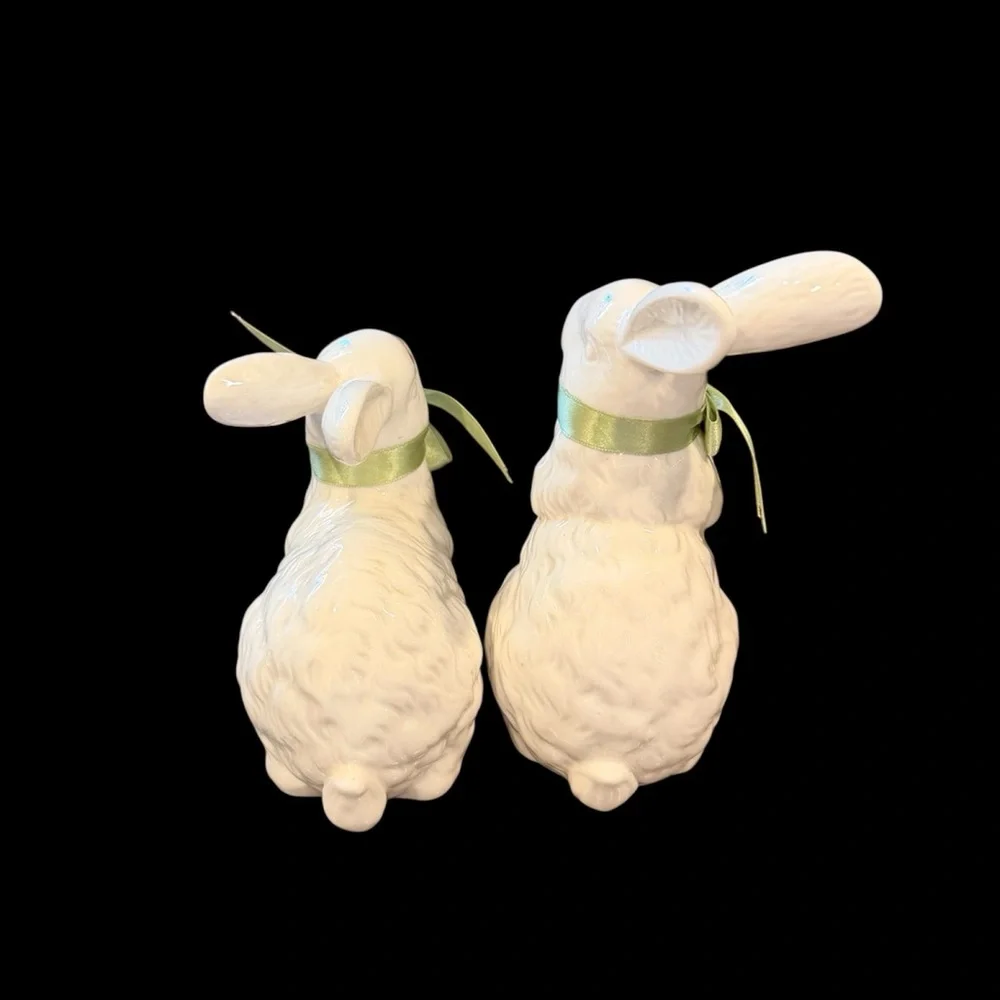 Vtg Pair of White Ceramic Bunny Figurines w/Green Bows-Spring - Picture 4 of 8